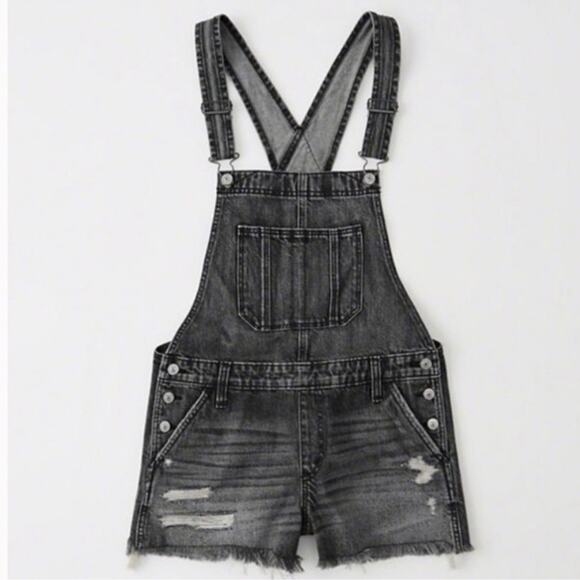 Abercrombie & Fitch Distressed Oversized Denim Short Overalls Washed Black Small - Picture 4 of 14
